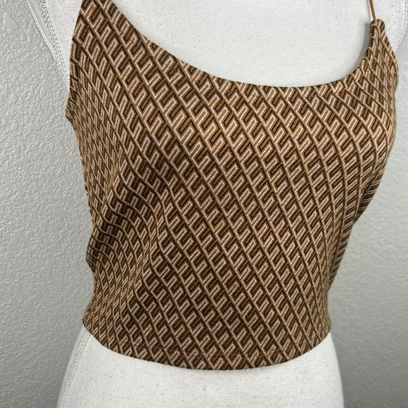 Elodie Brown & Tan Geometric 70's 90's Y2K Cropped Spaghetti Strap Top Size S - Picture 2 of 5